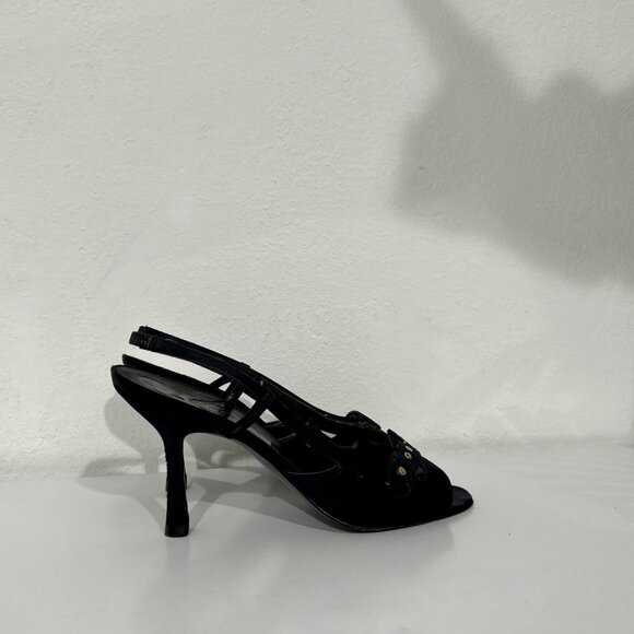 Chanel 02A Black Satin Open-Toe Slingback Heels with Gold Logo Buckle - Picture 4 of 9
